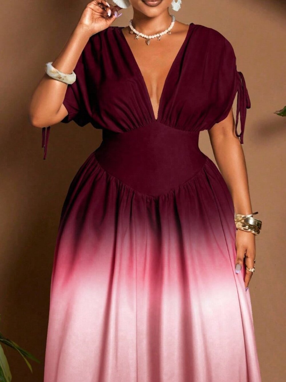 Multicolor Casual Women's Tropical Gradient Plus Size V-Neck Dress - Picture 3 of 7